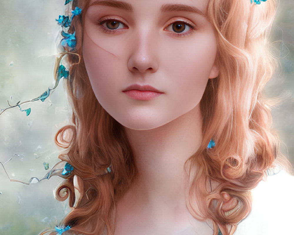 Surreal portrait of woman with blue flowers in hair and forest backdrop