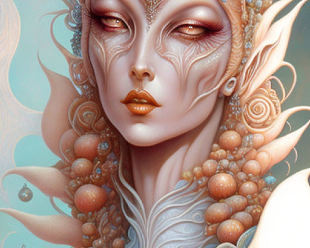 Ethereal fantasy portrait of female figure with elfin ears and celestial motifs