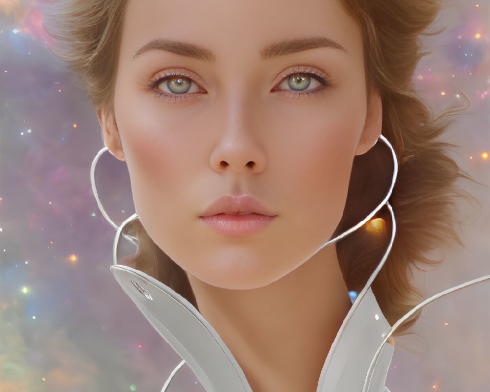 Digital artwork of woman in futuristic white attire with brown hair and green eyes against cosmic backdrop