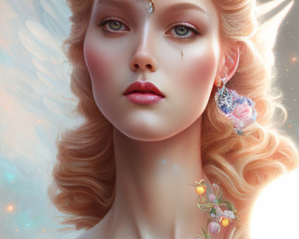 Fantasy illustration of woman with angelic wings and bird-themed crown