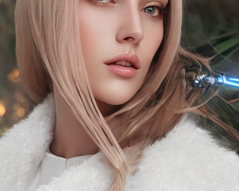 Blonde Woman in White Furry Coat with Intense Brown Eyes