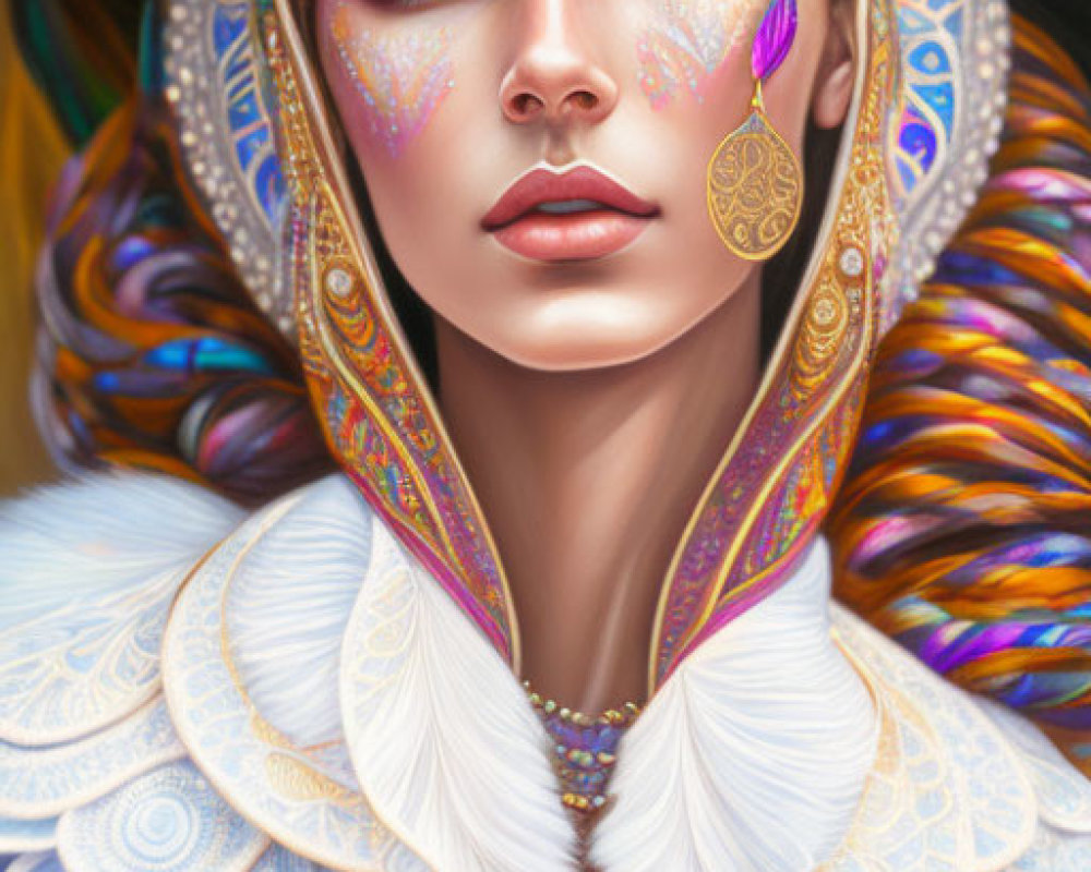 Colorful digital artwork of woman with ornate headdress and jewelry.