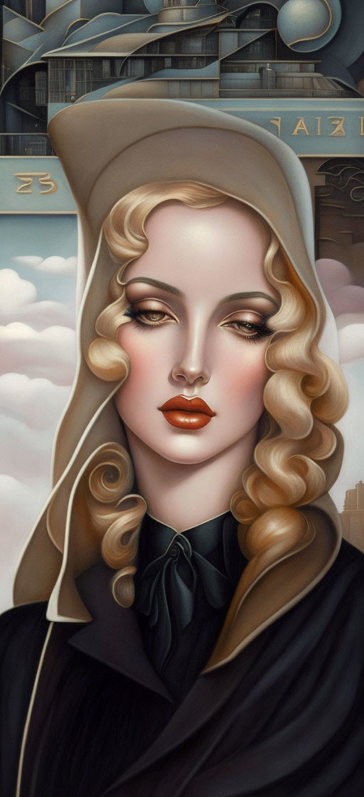 Blonde Curled Woman Portrait with Red Lips and Cream Hat