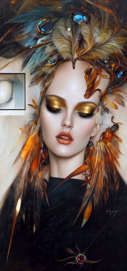 Woman with Golden Eye Makeup and Feather Headdress in Serene Expression