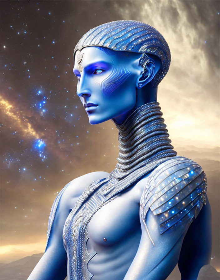 Blue-skinned humanoid in silver armor against cosmic backdrop