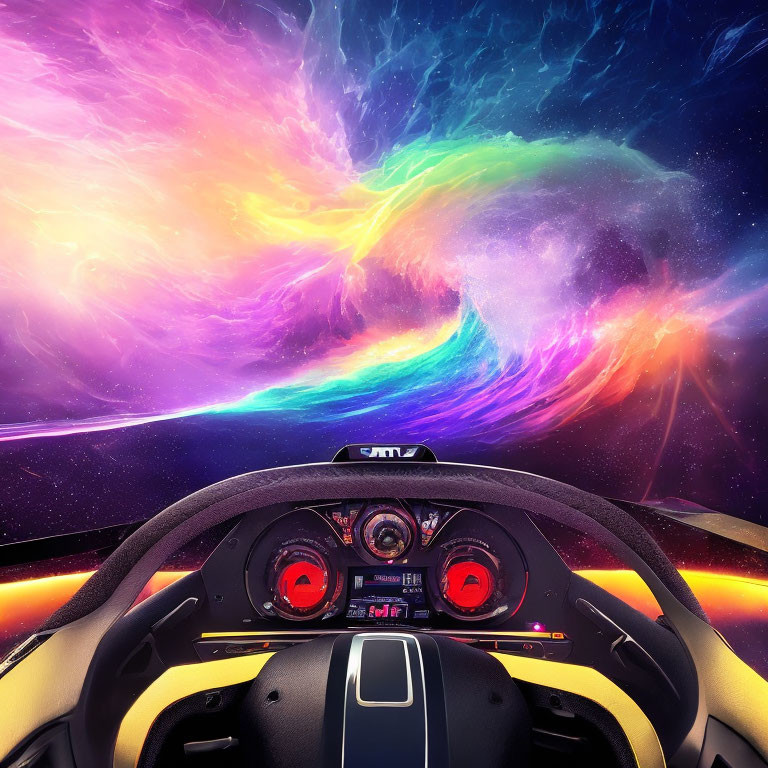 Colorful Nebula Through Car Window with Steering Wheel