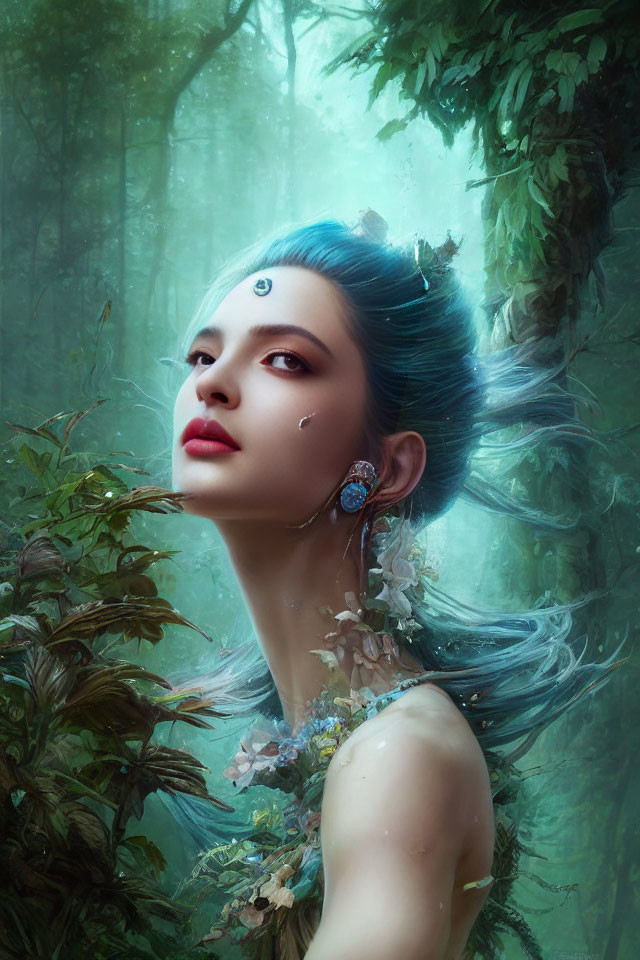 Blue-haired woman with nature-inspired jewelry in misty forest portrait