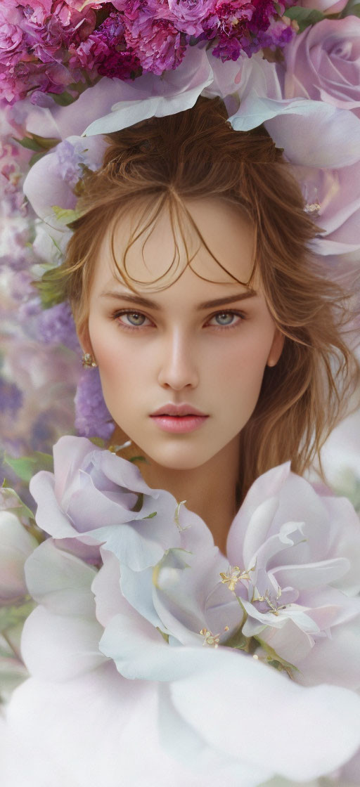 Intense gaze woman face in soft purple and pink flower bouquet