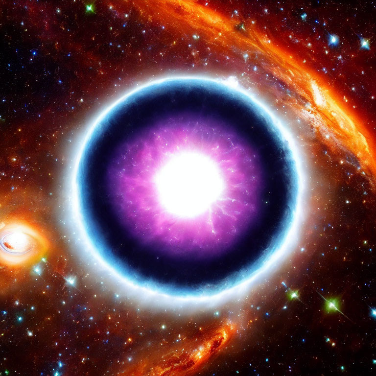 Bright central star surrounded by blue and orange rings in space.