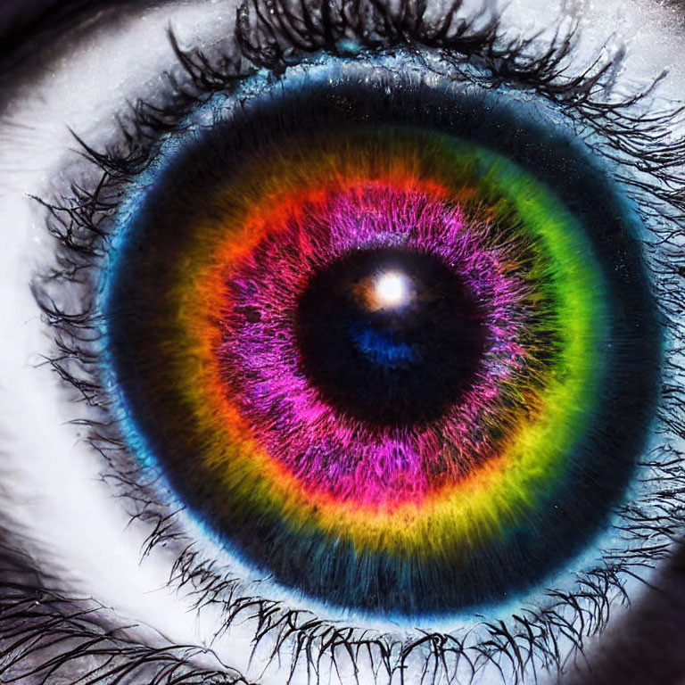 Detailed Close-Up of Colorful Rainbow Iris and Dark Lashes