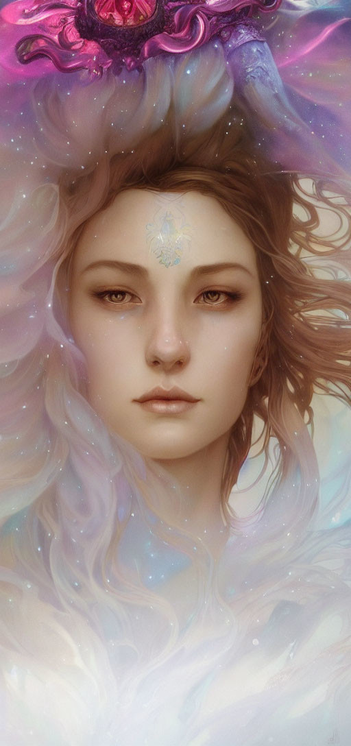 Ethereal digital art portrait of a woman with swirling pastel colors