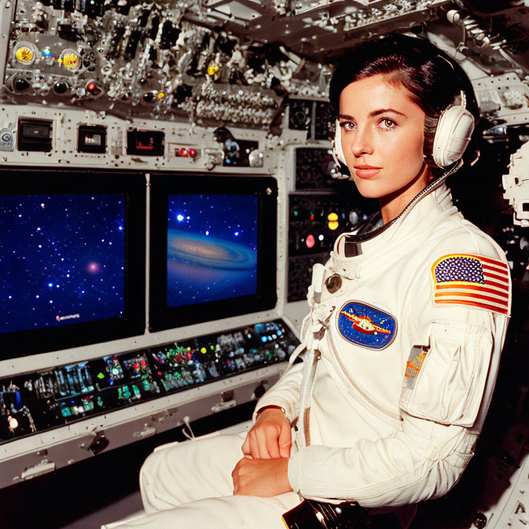 Female astronaut in white spacesuit at spacecraft control panel viewing planet and stars.