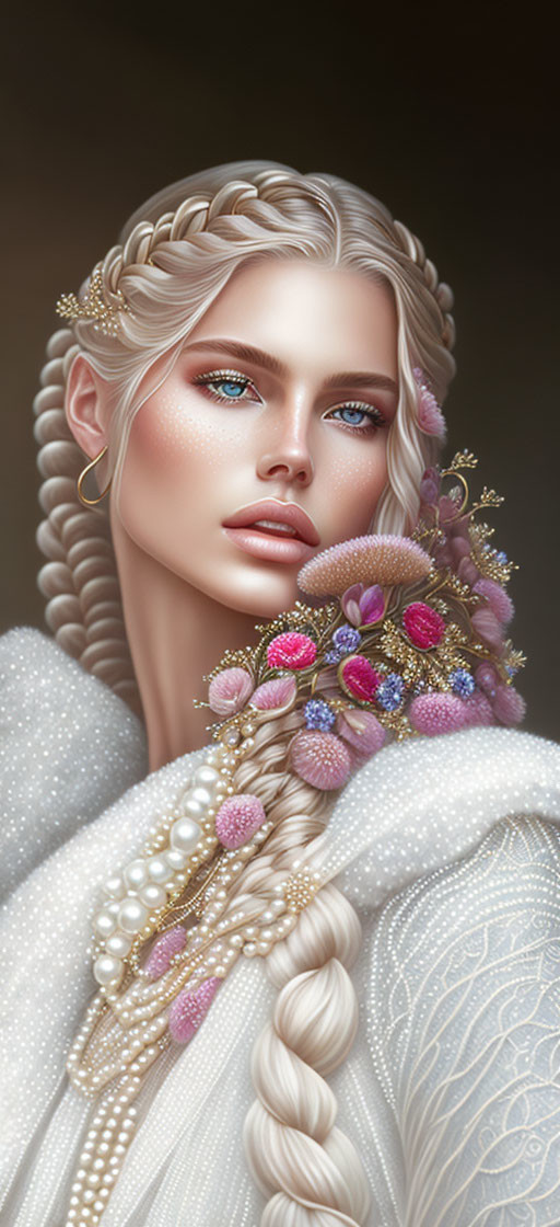 Elaborate Braided Hair Portrait with Pearls and Pink Flowers