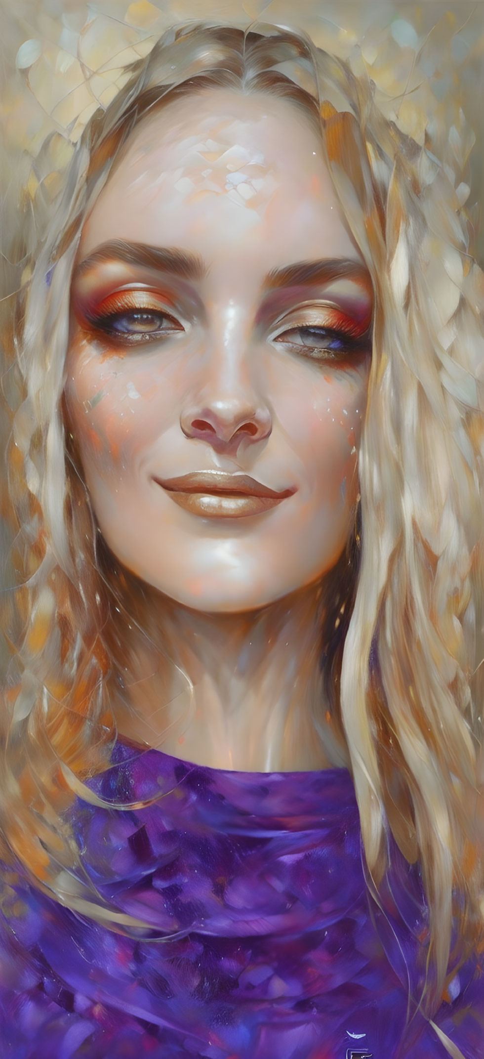 Blonde woman portrait with warm makeup and freckles