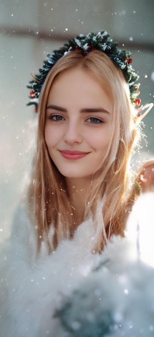 Person wearing festive wreath in snowy winter scene.