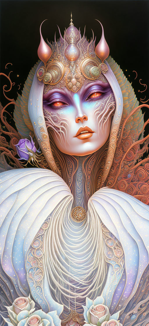 Detailed fantasy artwork of a female figure with ornate headgear and feather-like garments.