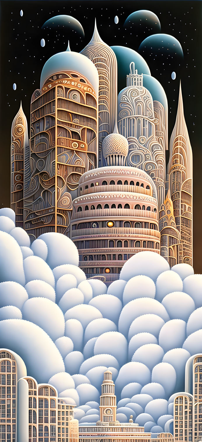 Intricate Art Deco and Surrealist Cityscape Painting