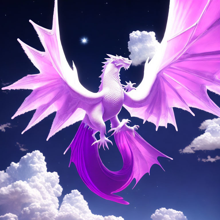 Purple dragon with pink wings soaring in blue sky