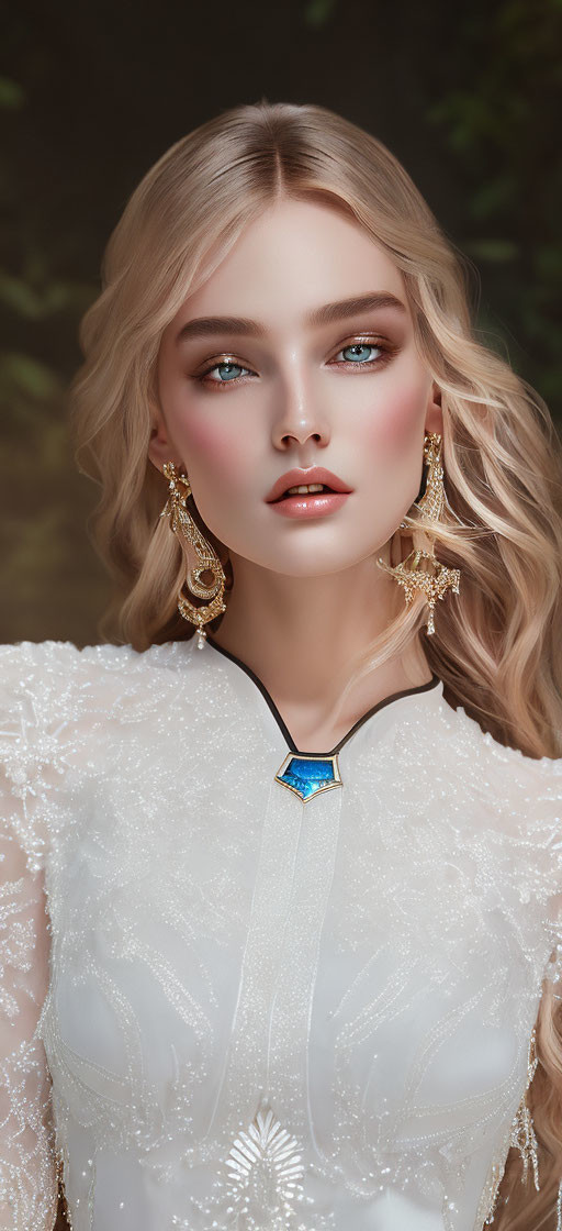 Blonde woman with wavy hair in white dress and blue necklace