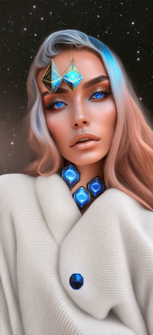 Digital artwork: Woman with striking blue eyes and geometric jewelry on starry background