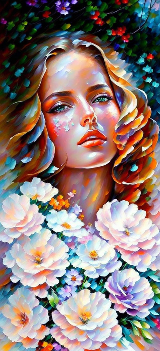 Colorful Portrait of Woman with Flower Hair and Background in Rich Blues, Pinks, and Oranges