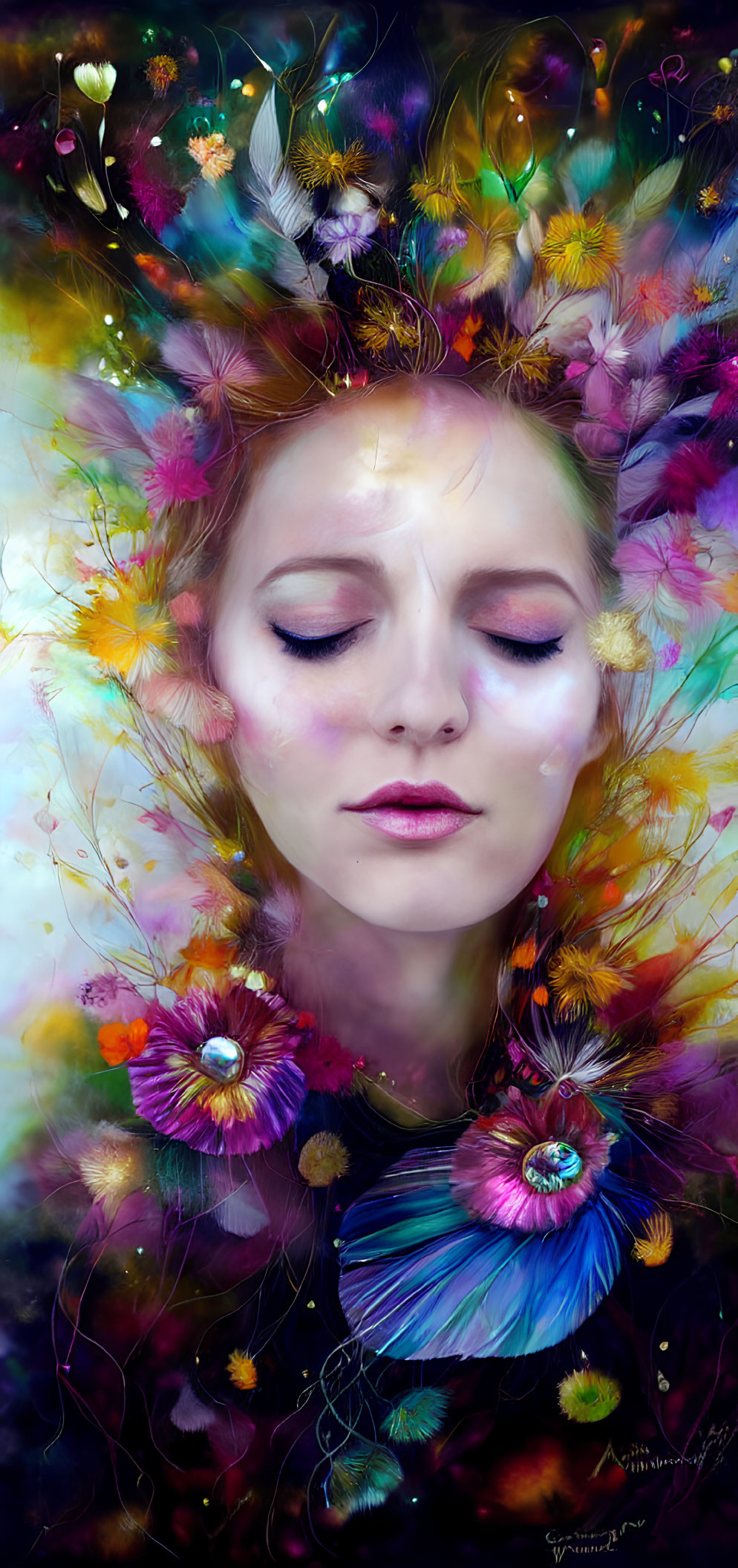 Vibrant digital painting of woman with flowers and feathers