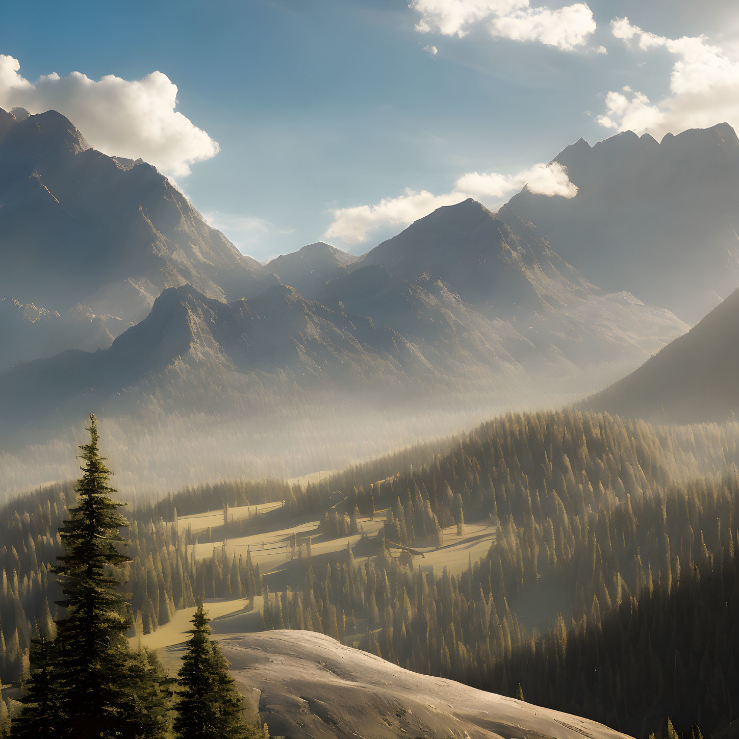 Majestic mountains with sunbeams over misty forested valley