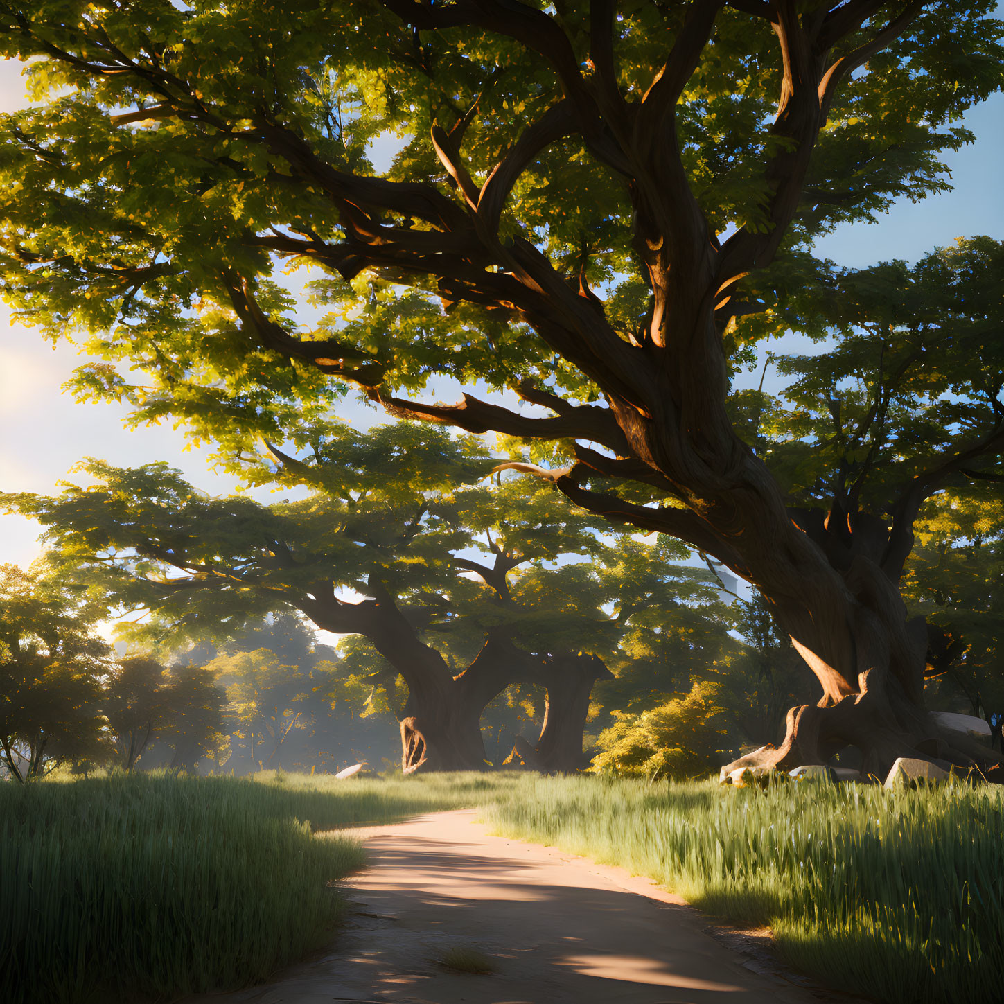 Tranquil forest path with towering trees and lush foliage at sunset