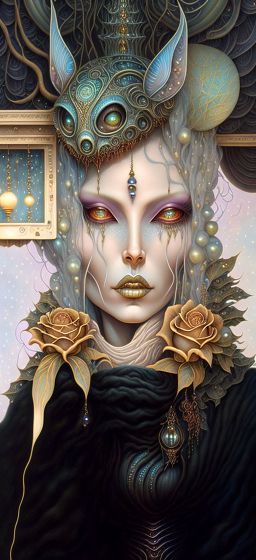 Fantasy illustration of figure with ornate horns, decorative headgear, pale skin, multifaceted