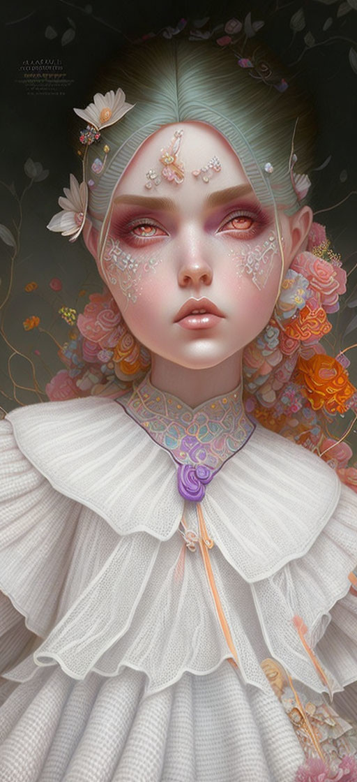 Illustration of fantasy character with pale skin, violet eyes, floral adornments