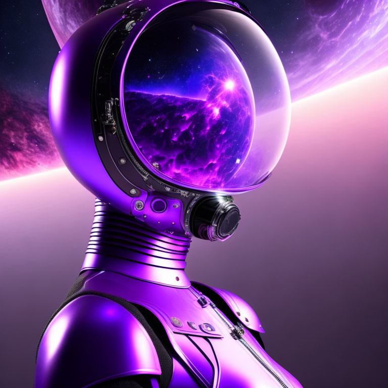 Futuristic astronaut in purple suit with reflective helmet visor and cosmic nebula.