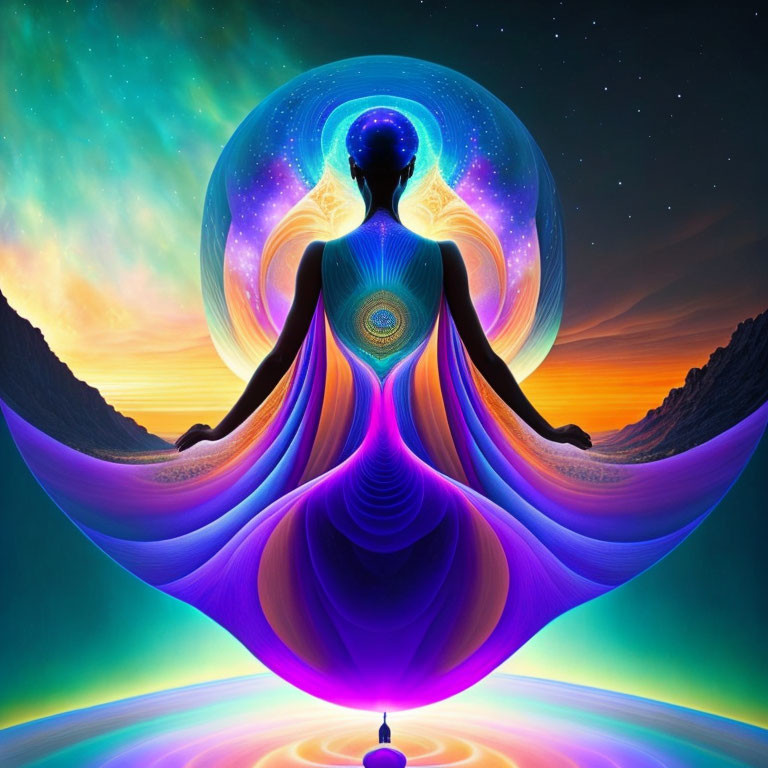 Colorful digital art: Meditative figure in cosmic setting with mountains