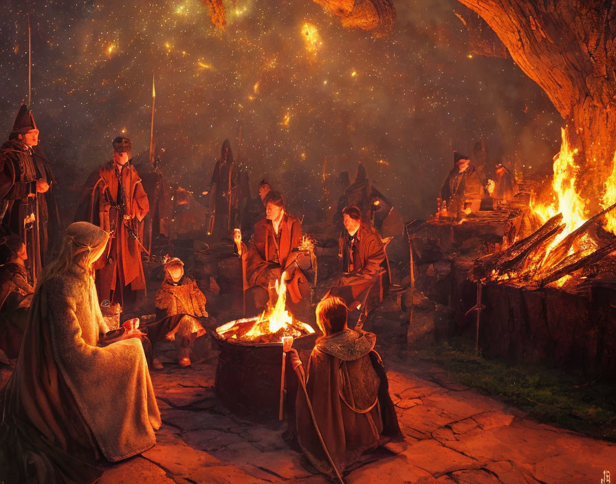 Medieval-themed group around campfire under starry night