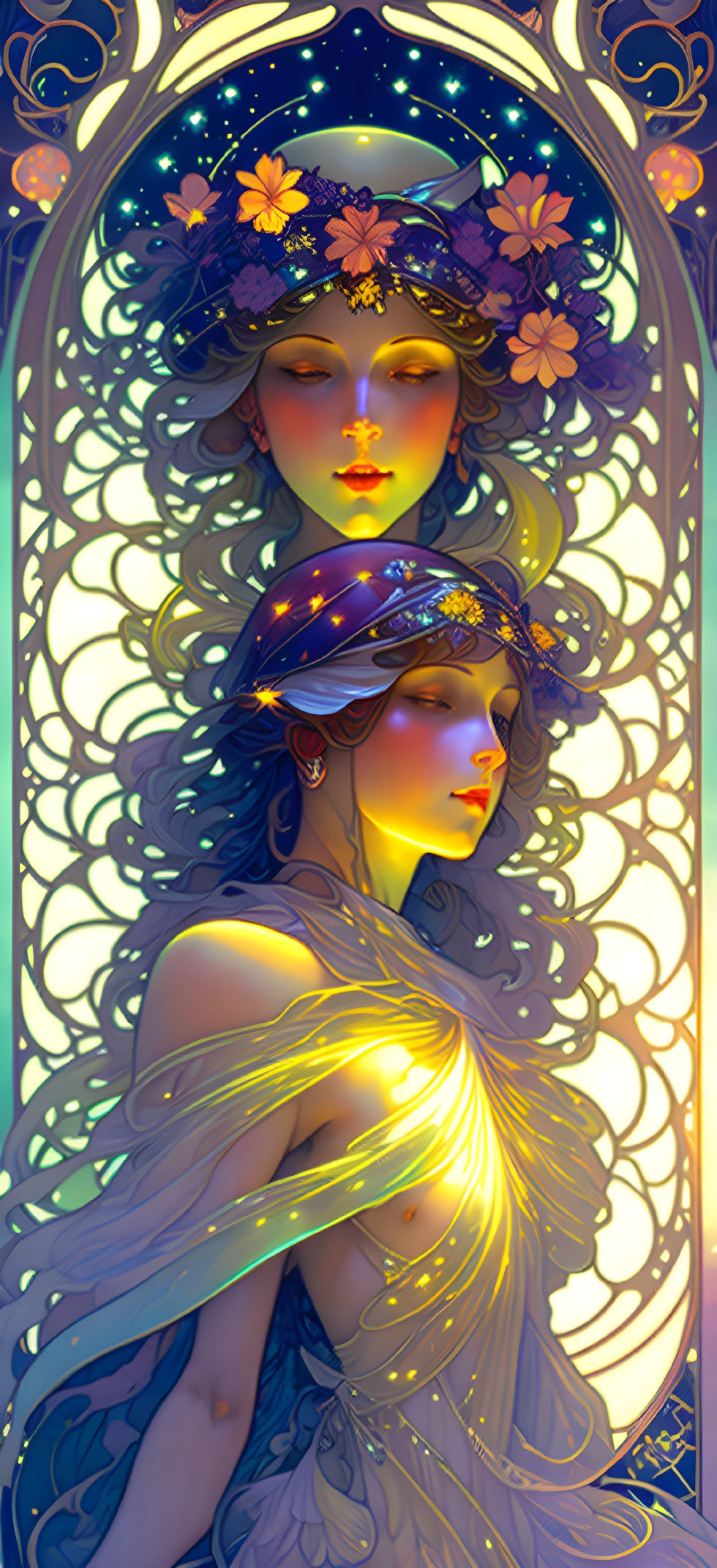 Art Nouveau Style Illustration of Two Women with Celestial and Floral Motifs