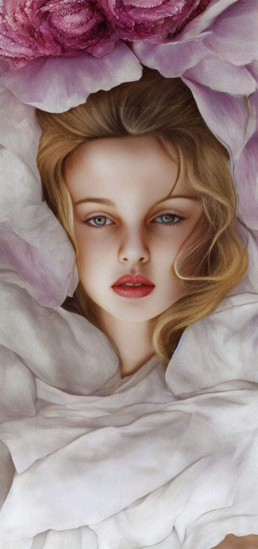 Portrait of a Woman with Pink Peony Petals, Blond Hair, Blue Eyes, and Red Lips