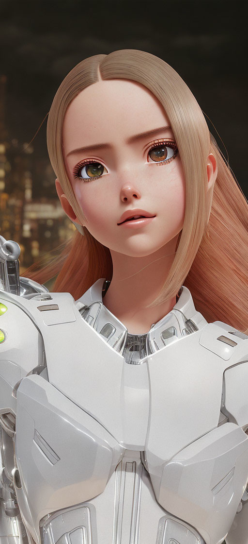 Digital artwork: Young female with pale skin and blonde hair in futuristic white armor against urban night backdrop