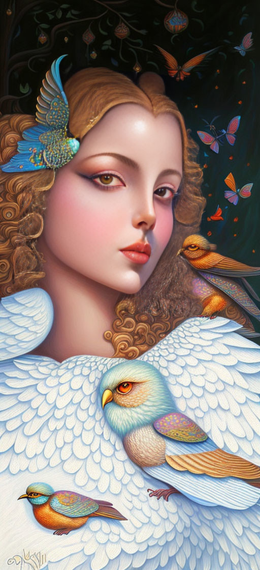 Colorful Birds and Butterflies Surround Stylized Woman with Angel Wings