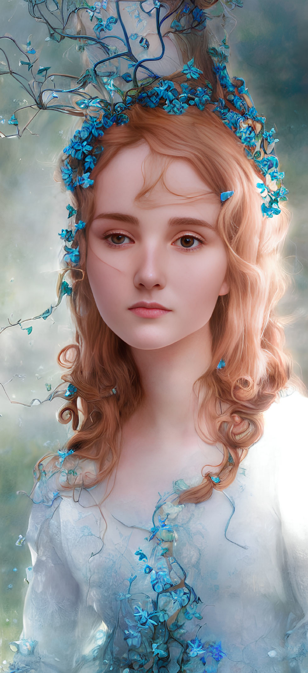 Surreal portrait of woman with blue flowers in hair and forest backdrop