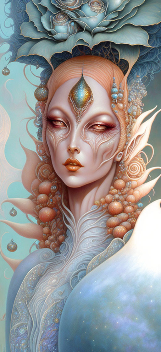 Ethereal fantasy portrait of female figure with elfin ears and celestial motifs