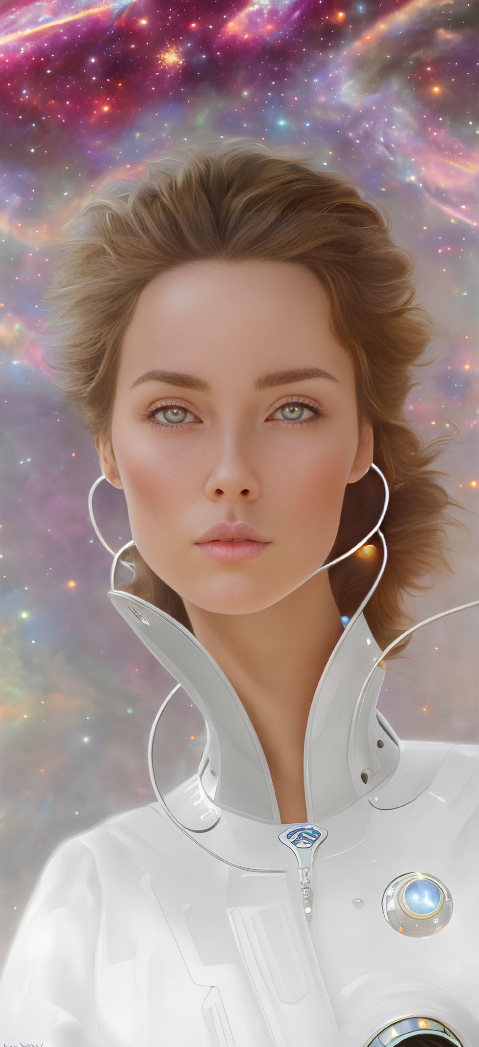 Digital artwork of woman in futuristic white attire with brown hair and green eyes against cosmic backdrop