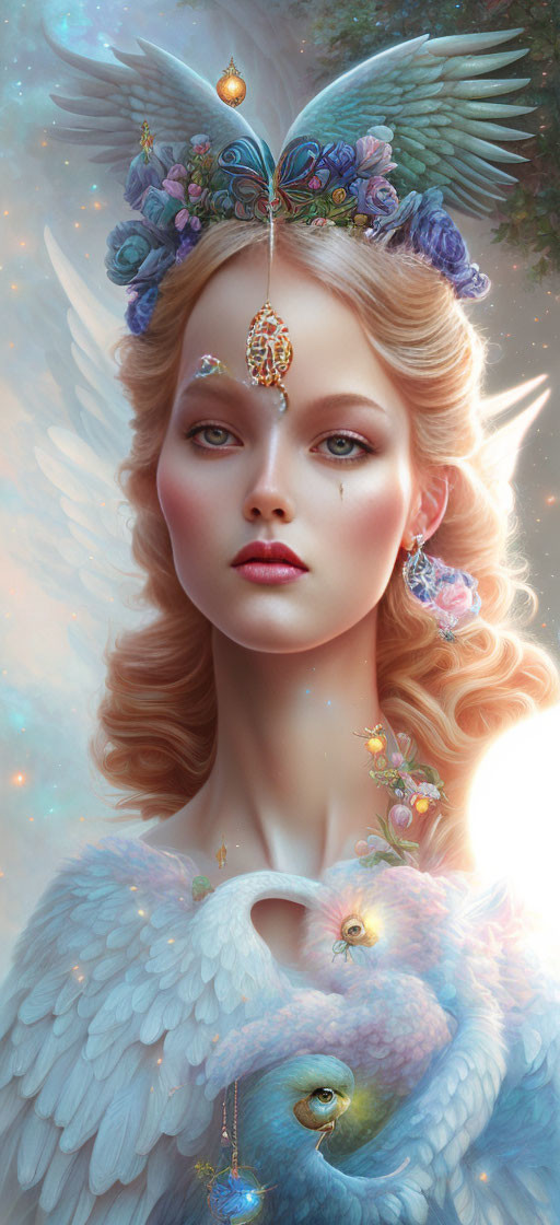 Fantasy illustration of woman with angelic wings and bird-themed crown