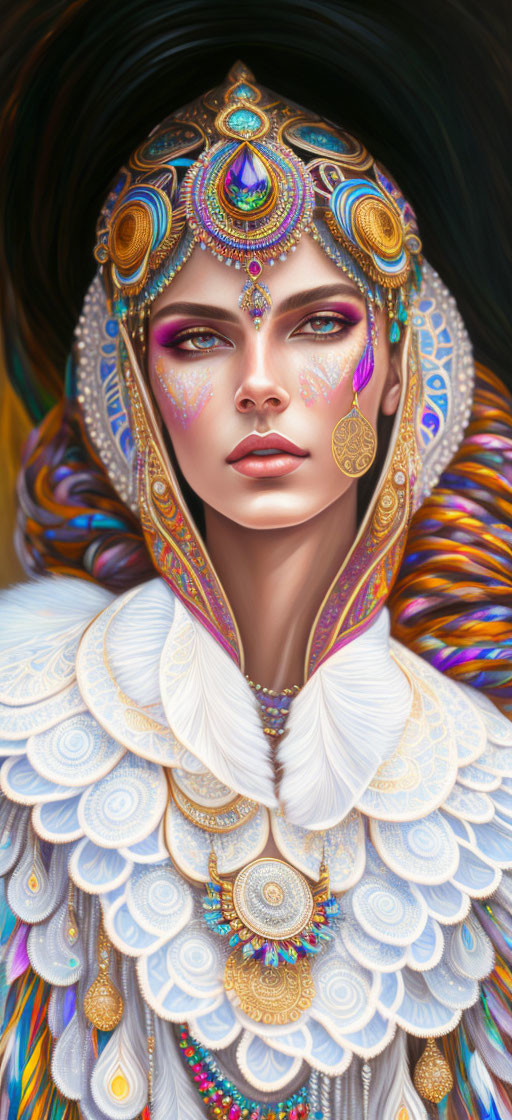 Colorful digital artwork of woman with ornate headdress and jewelry.