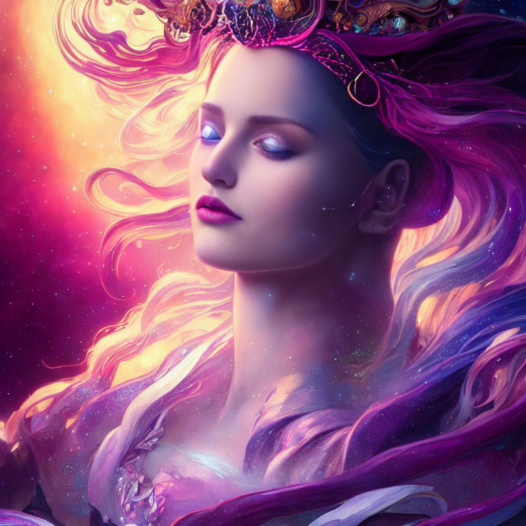 Colorful artwork of woman with purple hair and crown in cosmic setting