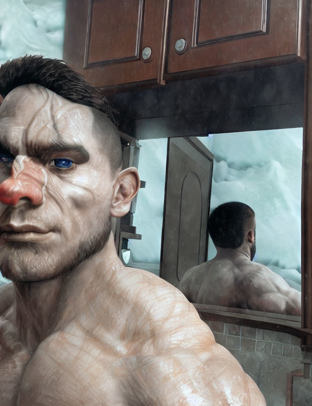 Muscular shirtless man with painted face in mirror against cloudy sky