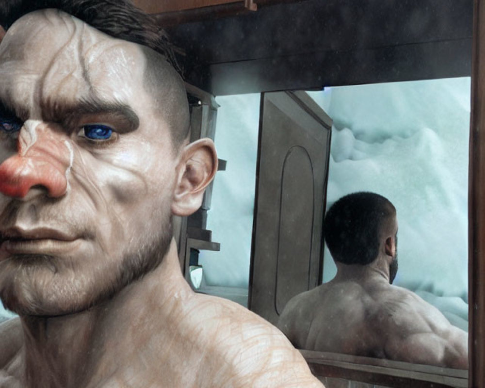 Muscular shirtless man with painted face in mirror against cloudy sky