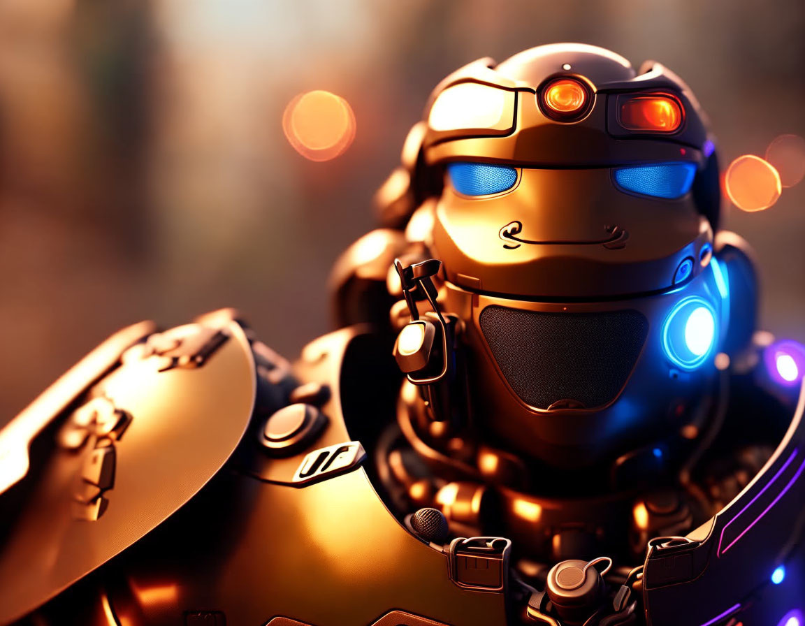 Stylized robot with glowing blue eyes and orange lights on blurred background