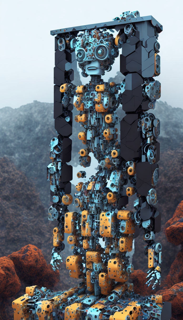 Mechanical robot sculpture amidst rocky terrain with serene expression