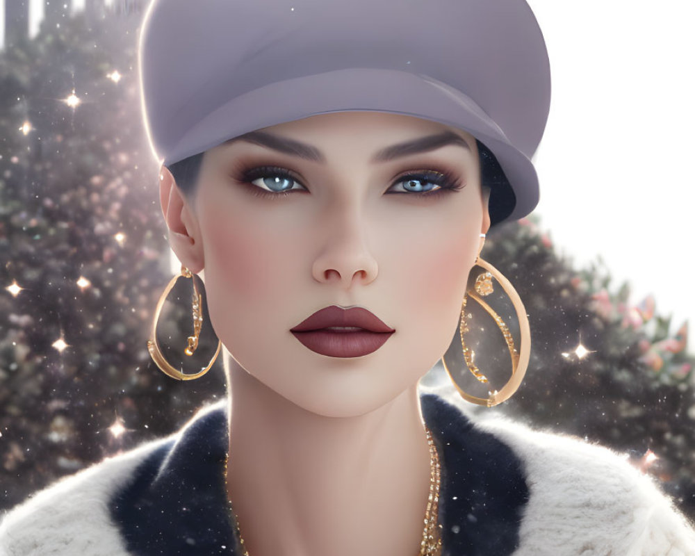 Stylized portrait of a woman with blue eyes, cap, earrings, fur coat, in win