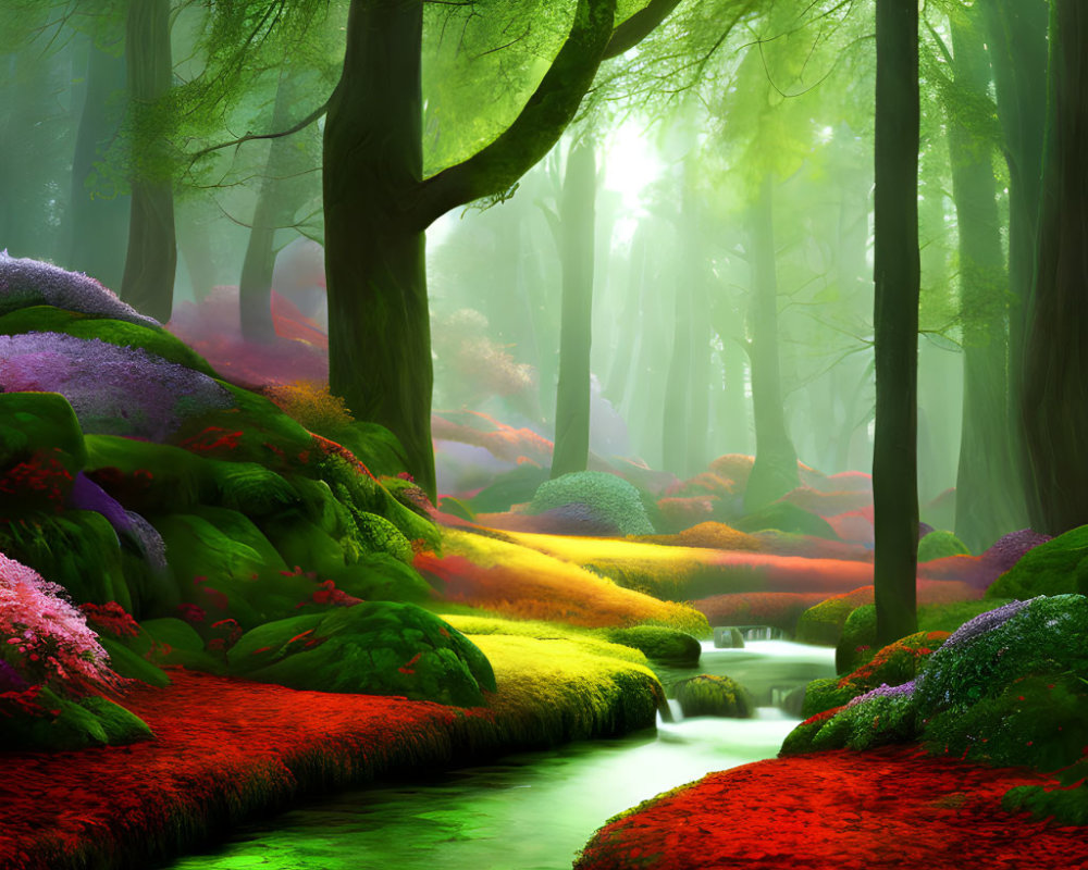 Tranquil forest stream with moss-covered rocks and vibrant vegetation