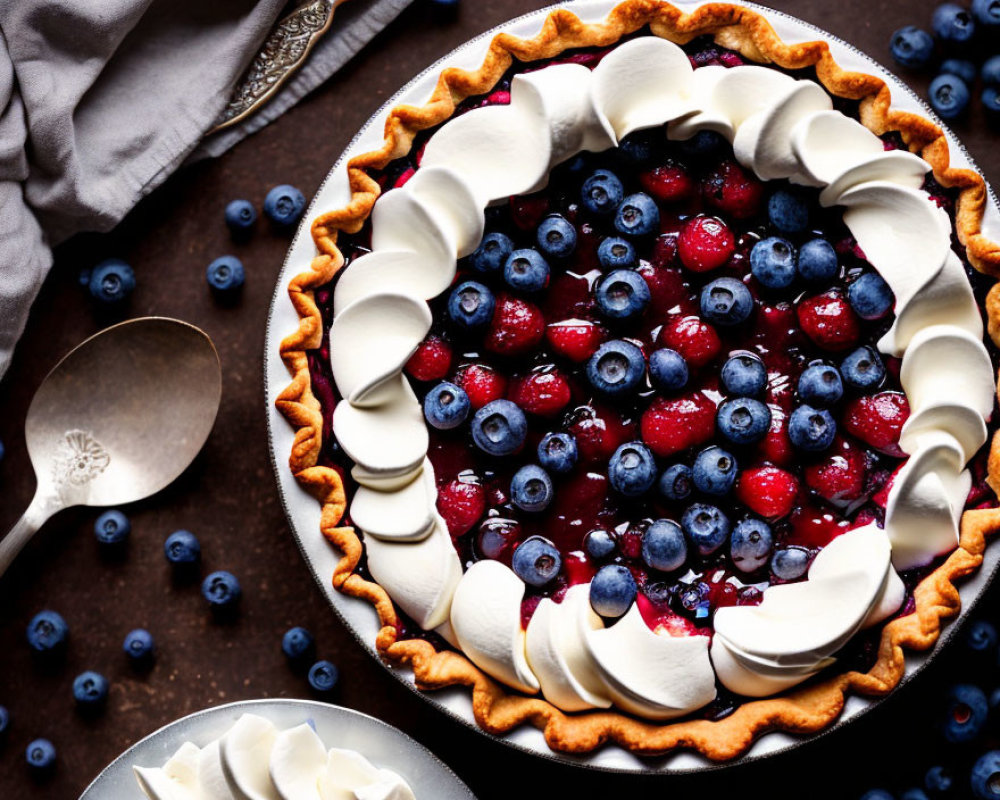 Berry tart with blueberries and raspberries, whipped cream, spoons, and loose berries on dark